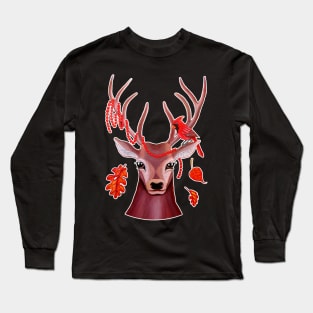 Deer and Cardinal Bird at Fall Long Sleeve T-Shirt